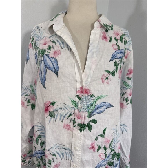 Tommy Baham Shirt Womens L Floral Linen Button Up Blouse Beach Vacation - Picture 2 of 9
